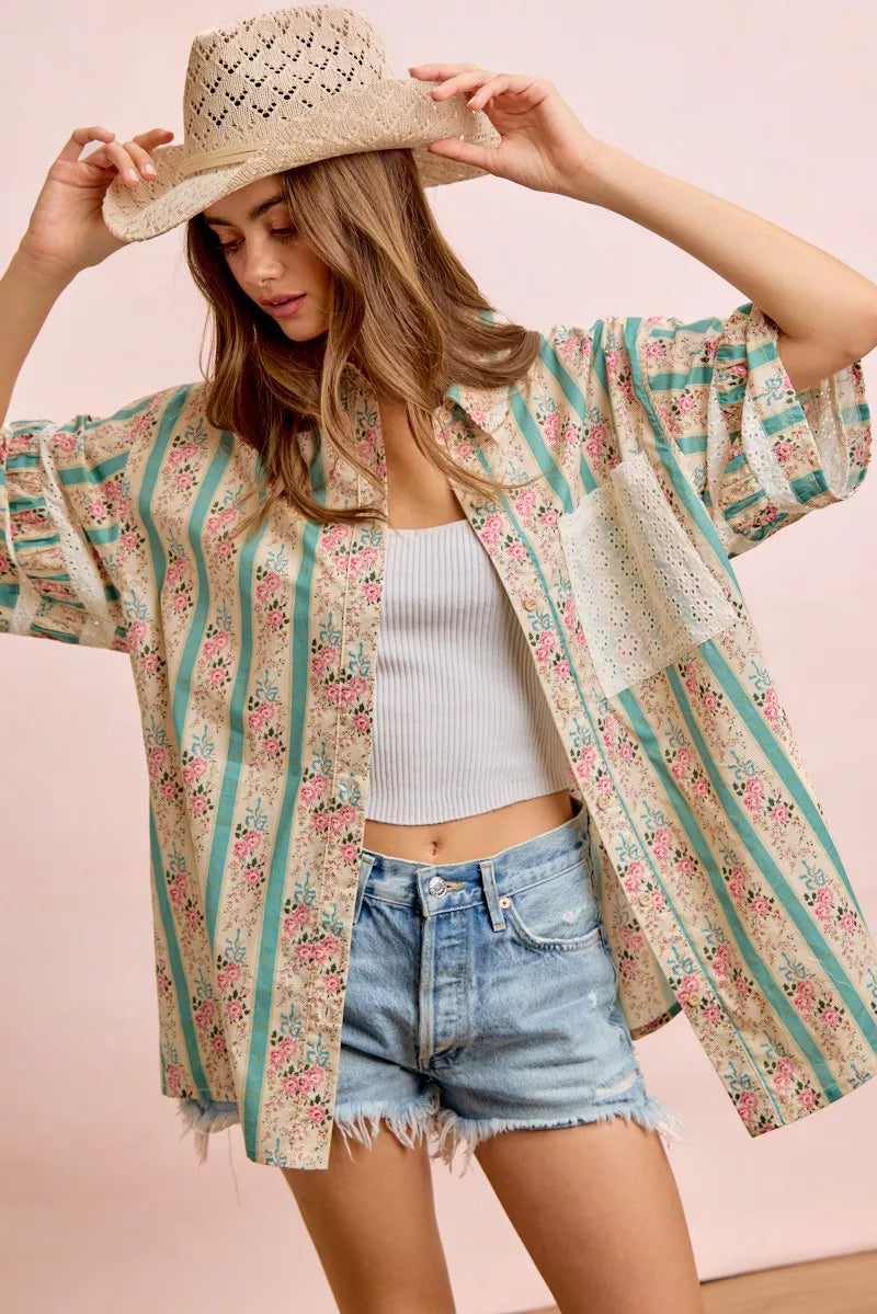 BiBi Eyelet Lace And Floral Mix And Match Shirt Top