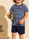 Children's Vehicle Print Striped Tee & Shorts Set
