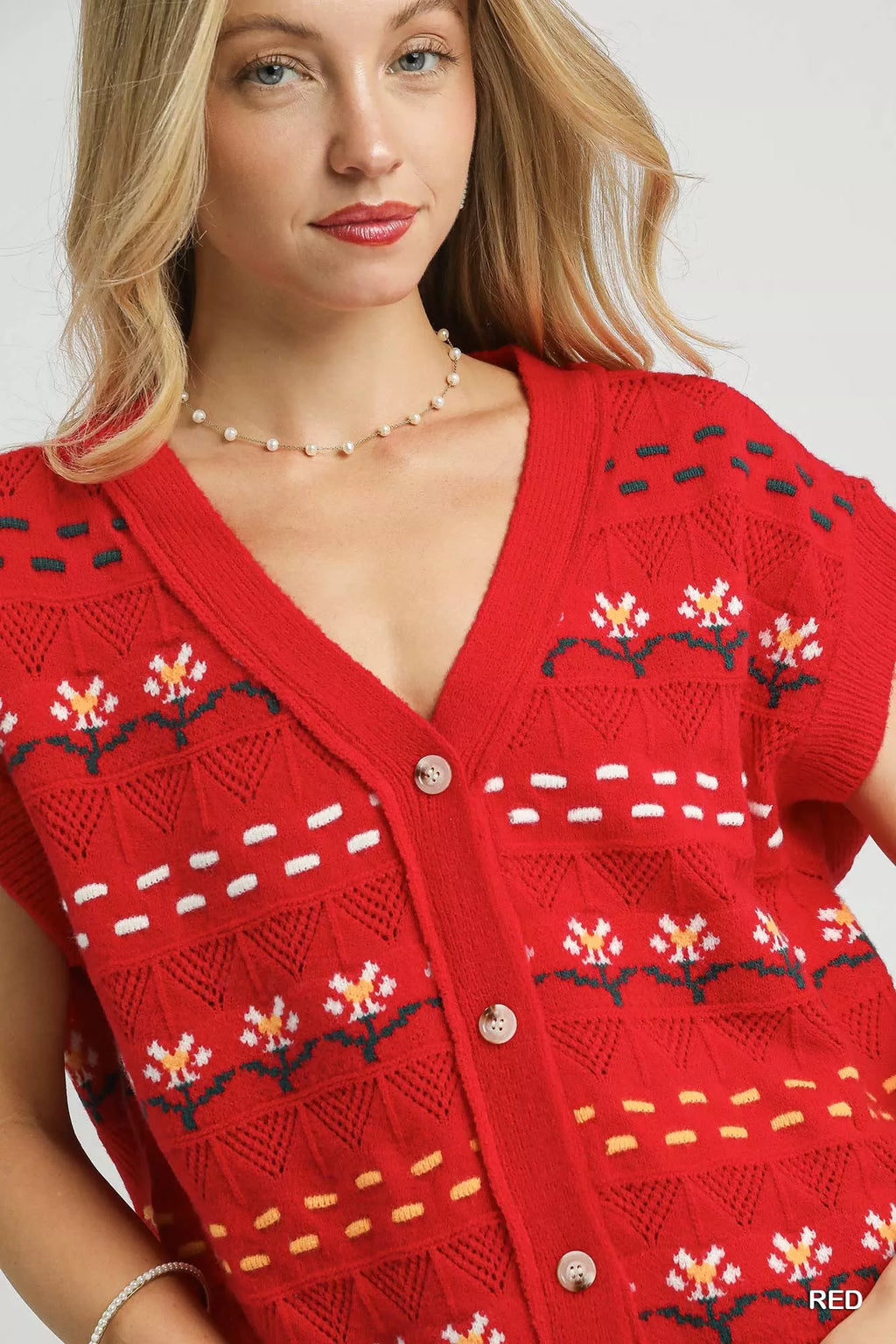 Umgee Button-Down Knit Vest with Floral Pattern