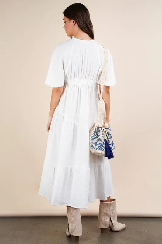 VERY J Mineral Washed Elastic Neck Detail Midi Dress