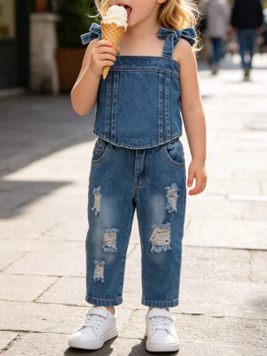 Children's Tie Shoulder Tank and Distressed Jeans Set