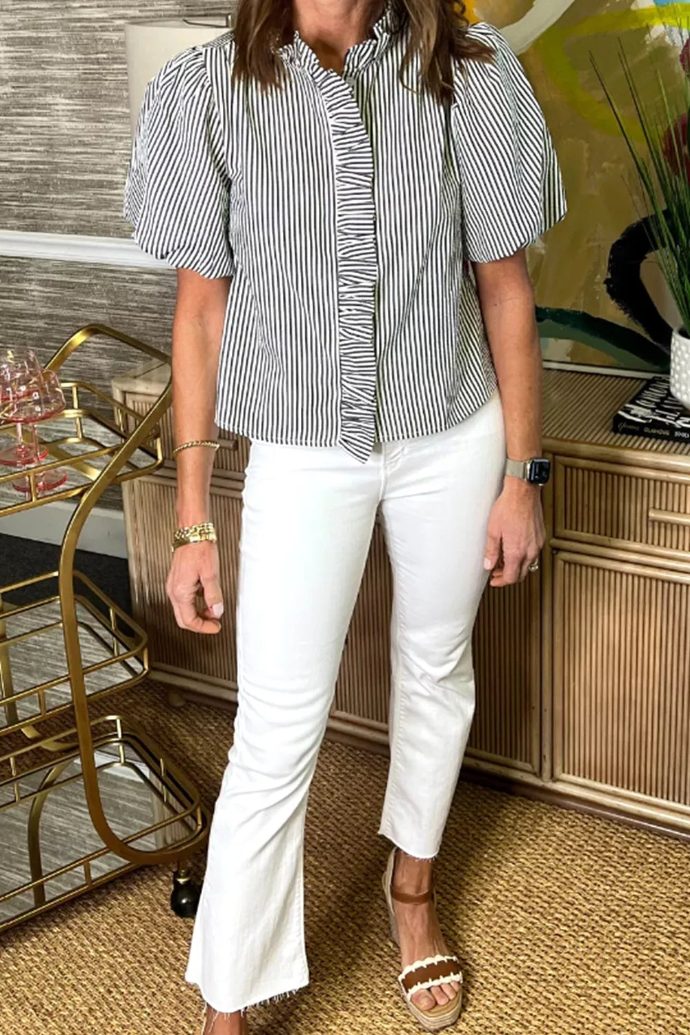 Striped Ruffle Short Bubble Sleeve Shirt