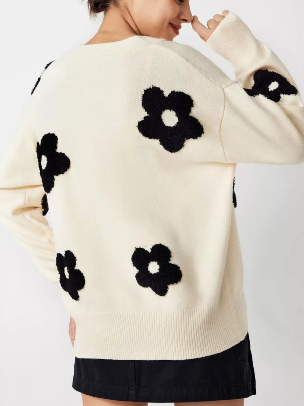 Button Down Floral Applique Knit Cardigan