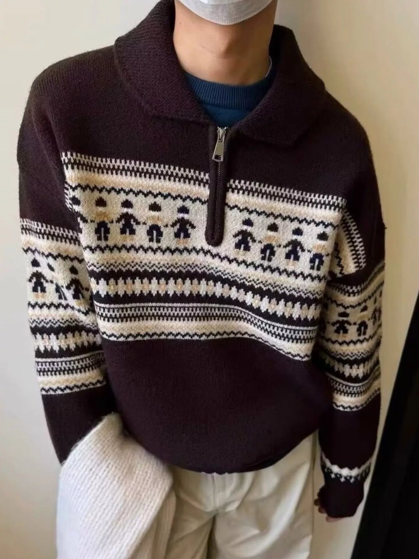 Men's Retro Pattern Zip Front Knitted Sweater