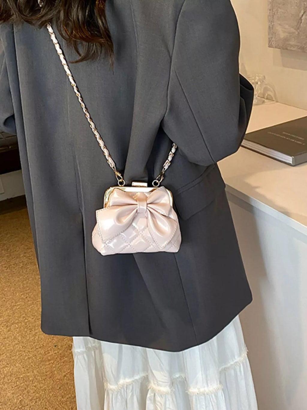 Bow Decor Quilted Crossbody Bag