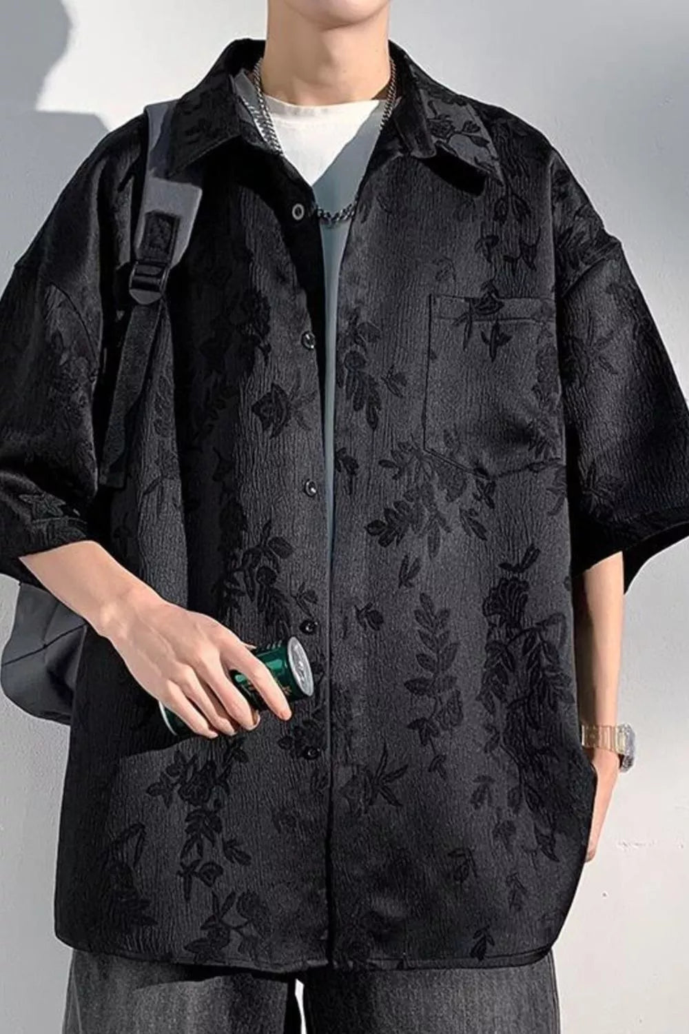Men's Plus Size Floral Jacquard Short Sleeve Shirt
