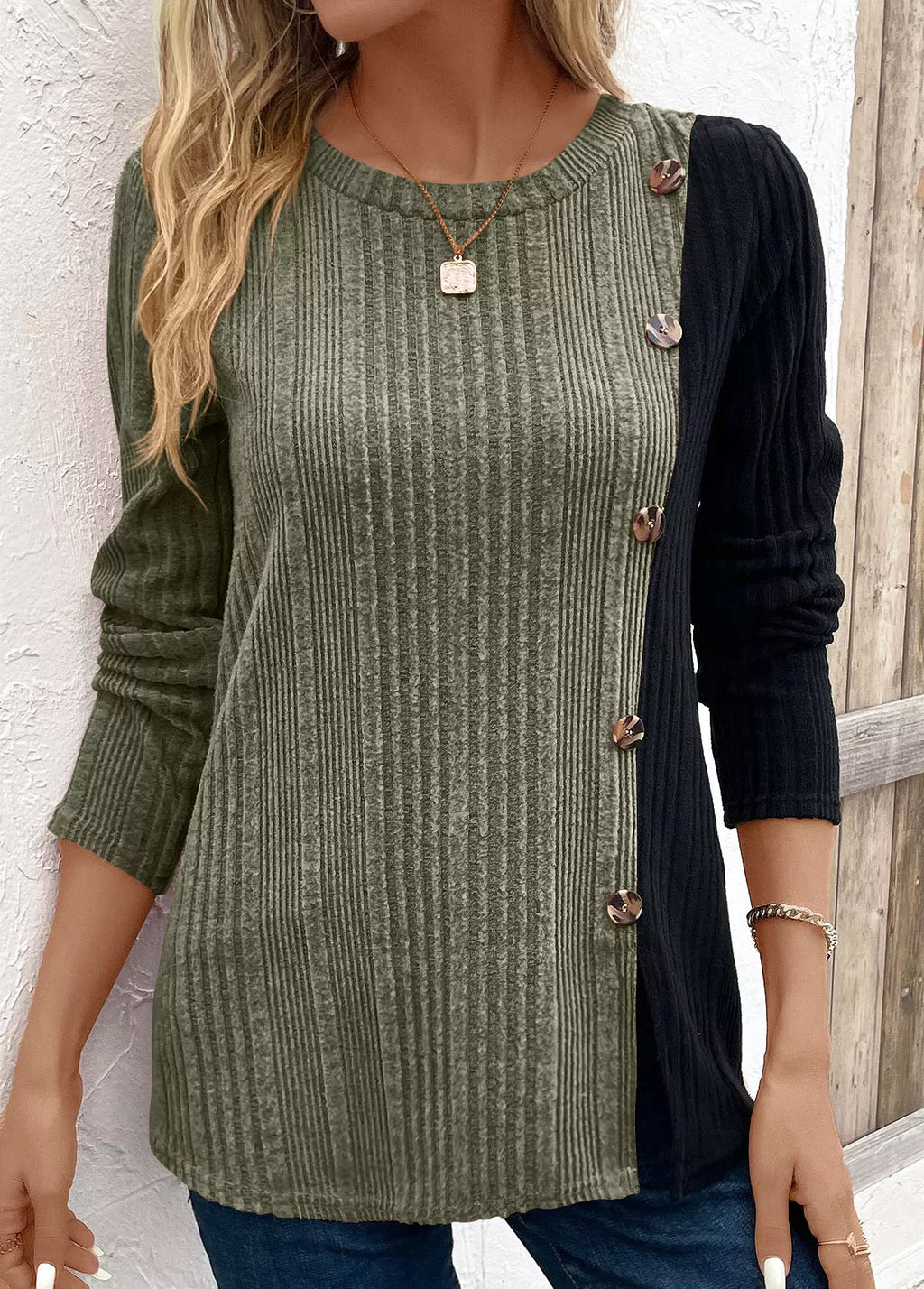 Color Block Ribbed Knit T-Shirt