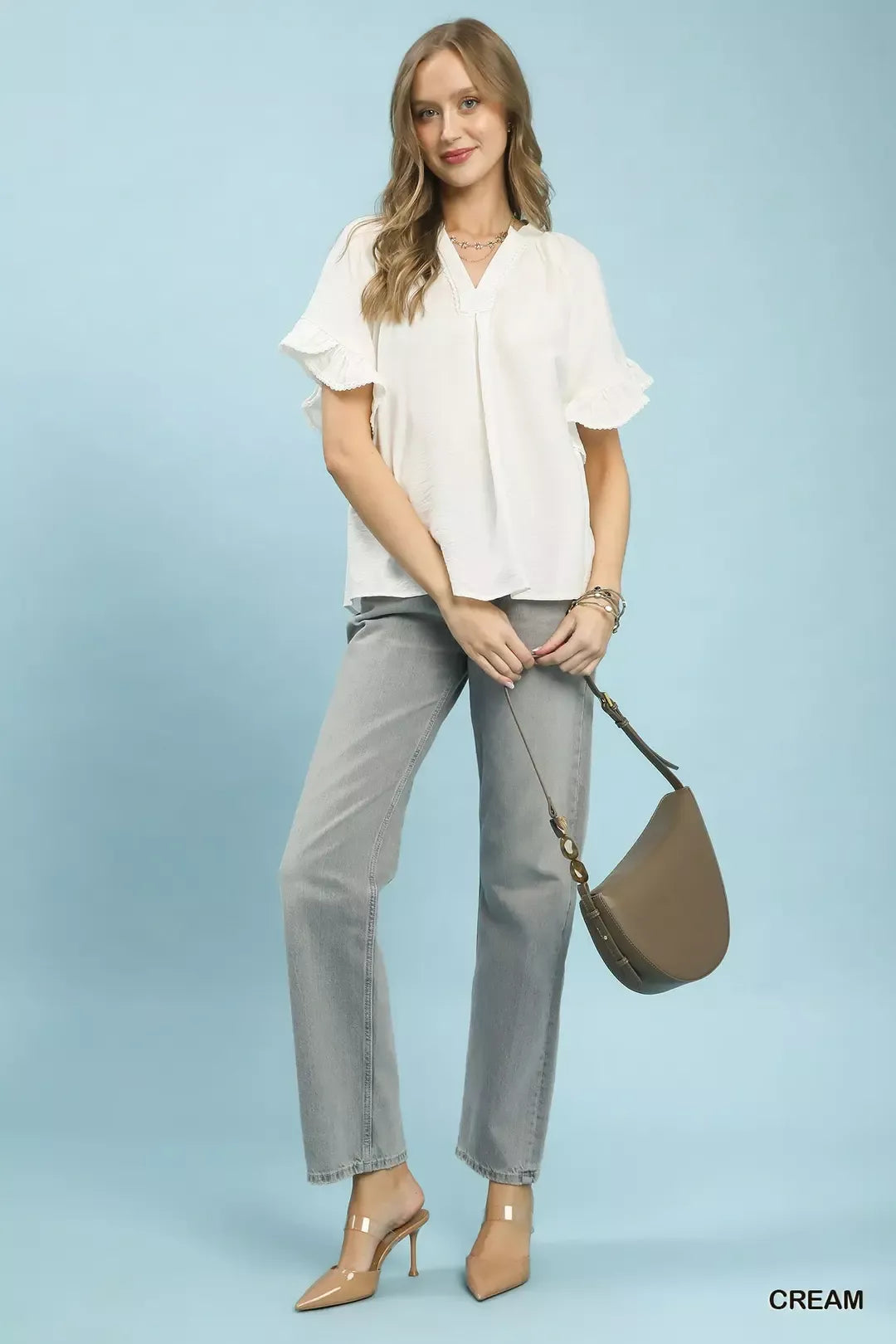 Umgee Ruffle Sleeve V-Neck Flutter Blouse