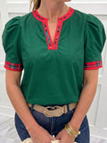Plaid Trim V Neck Short Sleeve Shift Blouse