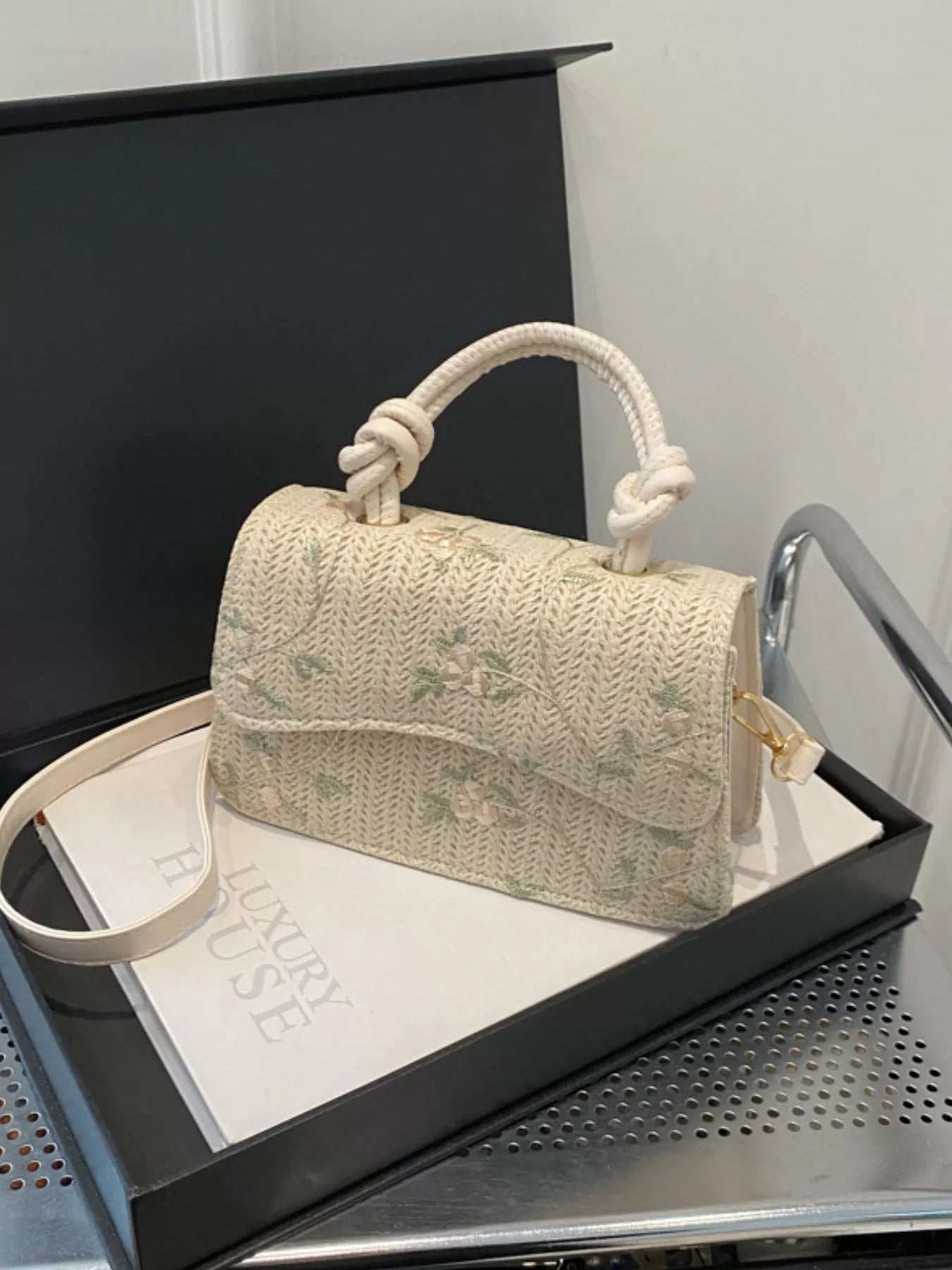Floral Embroidered Straw Woven Crossbody Bag