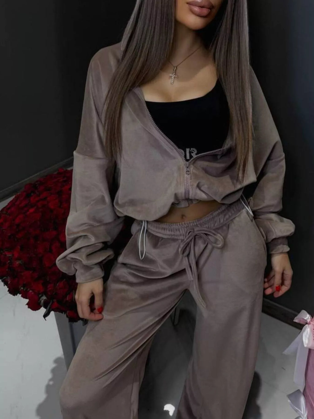 Zip Up Cropped Outerwear and Pants Set