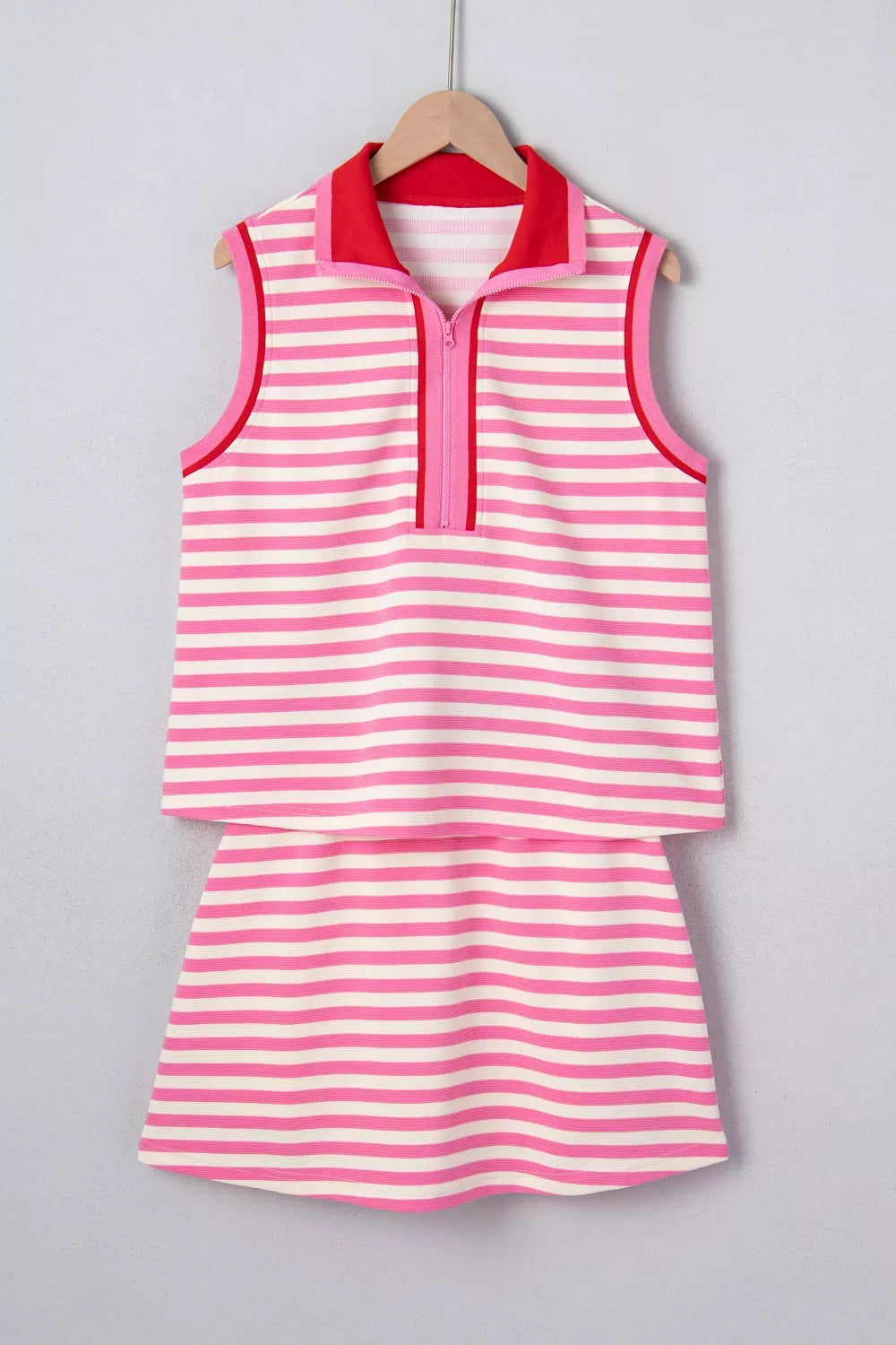 Half Zip Striped Sleeveless Top and Skirt Set