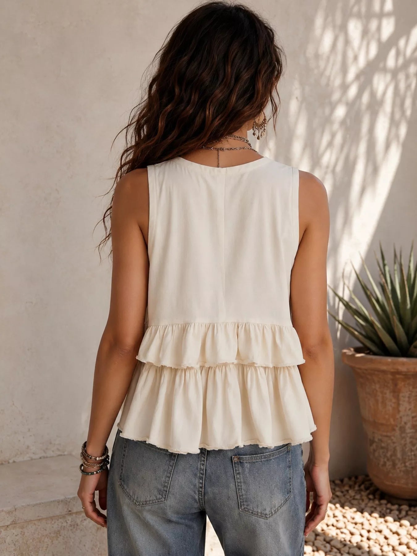 Ruffled V-Neck Sleeveless Top