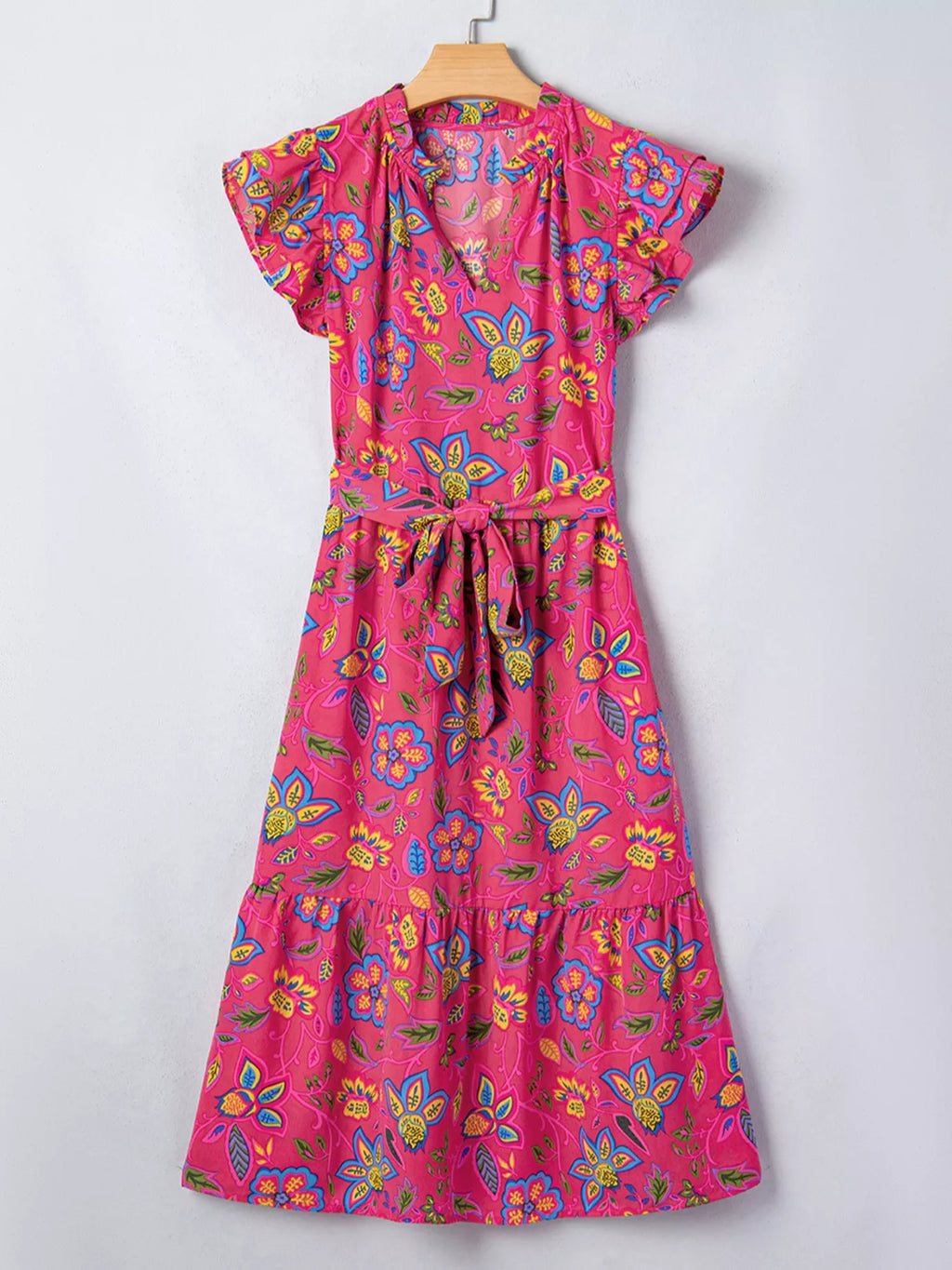 Flutter Sleeve Belted Floral Dress