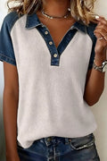 Textured Color Block Denim Patchwork Polo Collar Tee