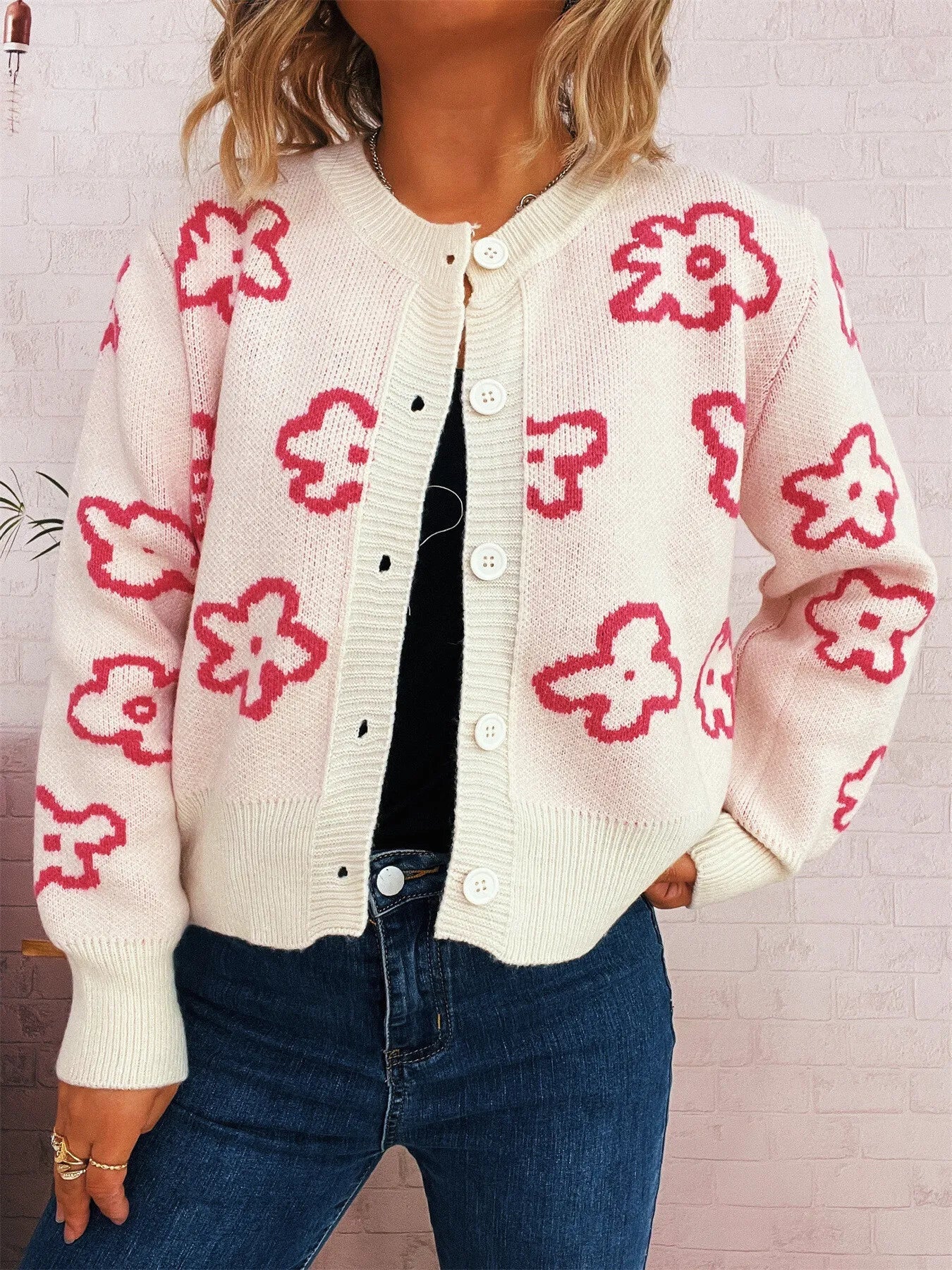 Floral Pattern Button-Up Cardigan