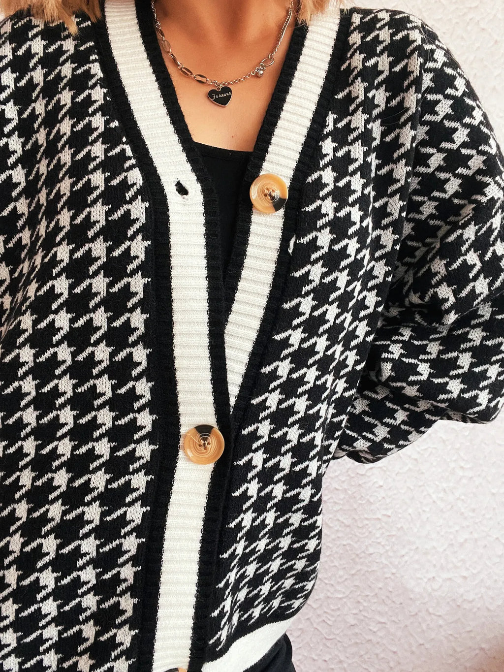 Houndstooth Pattern V-Neck Button-Up Cardigan