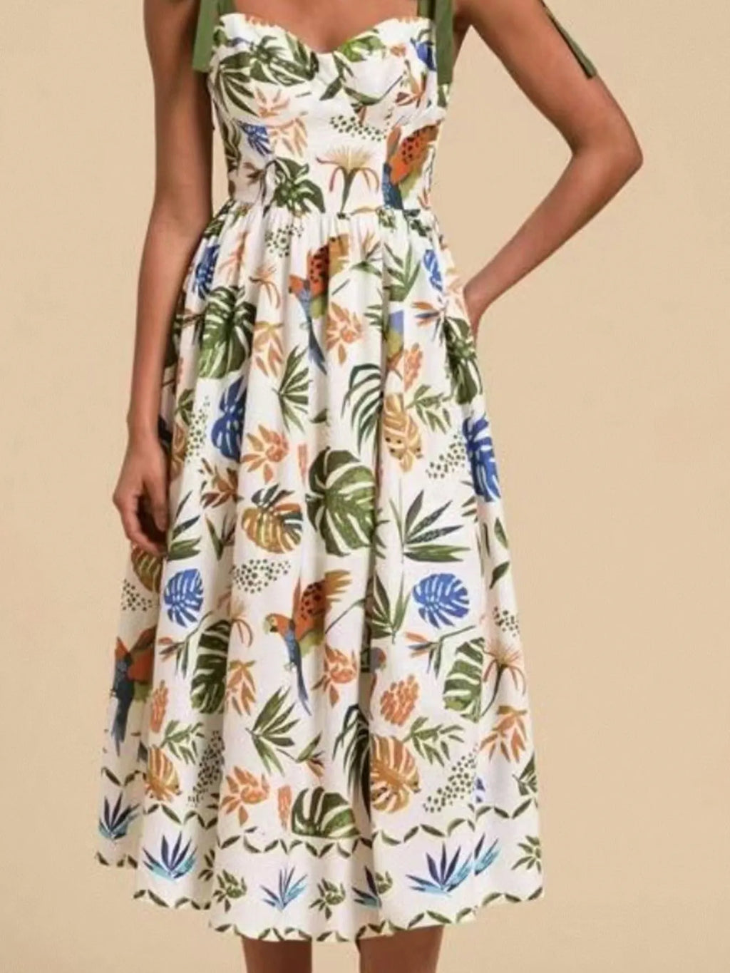 Tropical Print Tie-Shoulder Sweetheart Neck Midi Dress