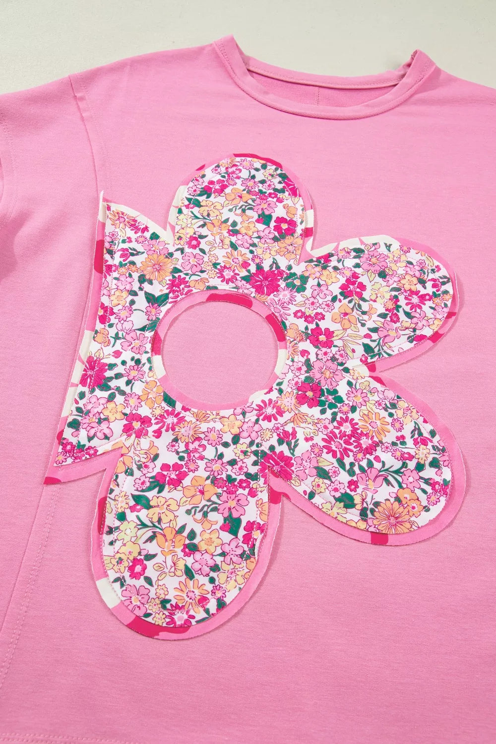 Flower Patched Round Neck Tunic T-Shirt