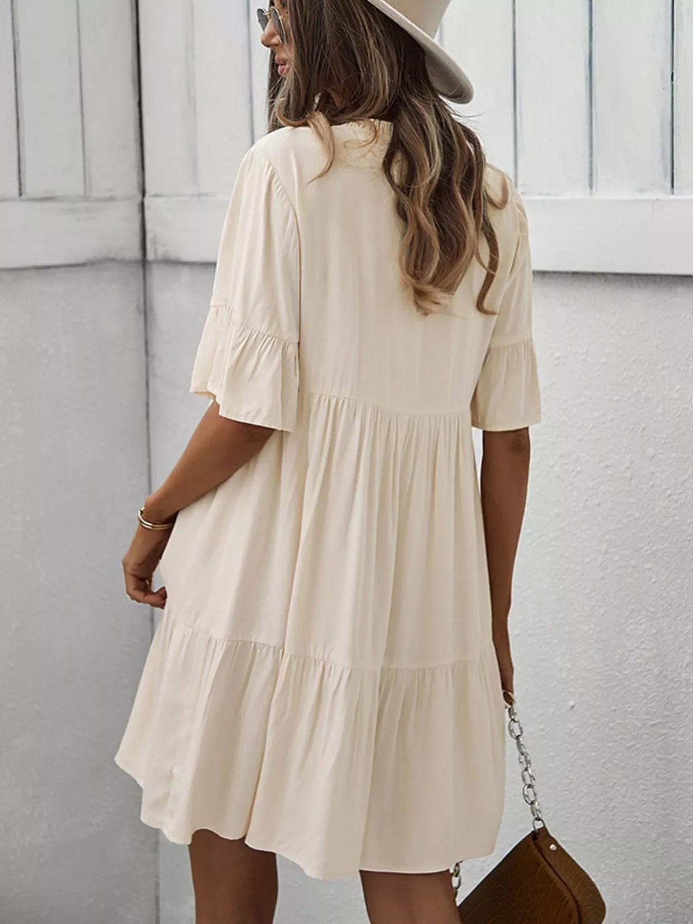 Boho Ruffle Sleeve Button Down Tiered Mini Dress