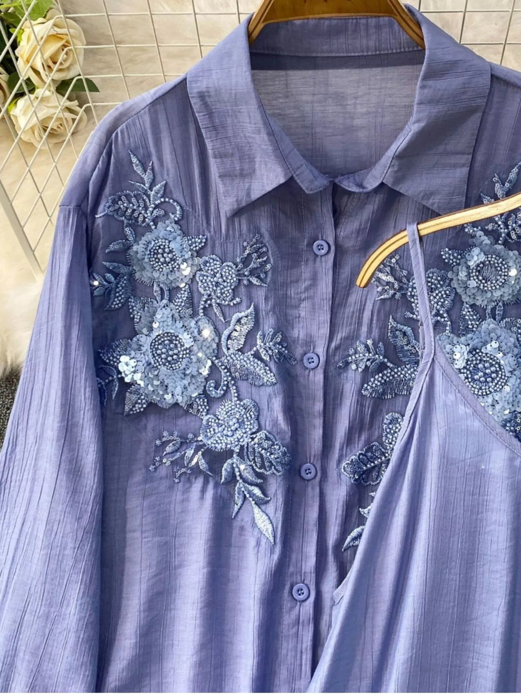 Sequin Flower Button Up Shirt and Cami Dress Set