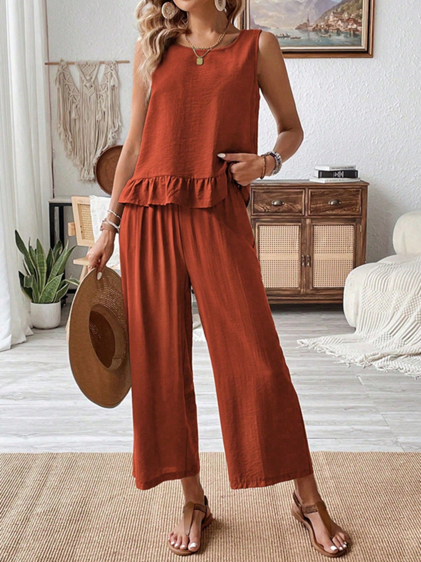 Sleeveless Ruffle Hem Tank and Wide Leg Two-Piece Set