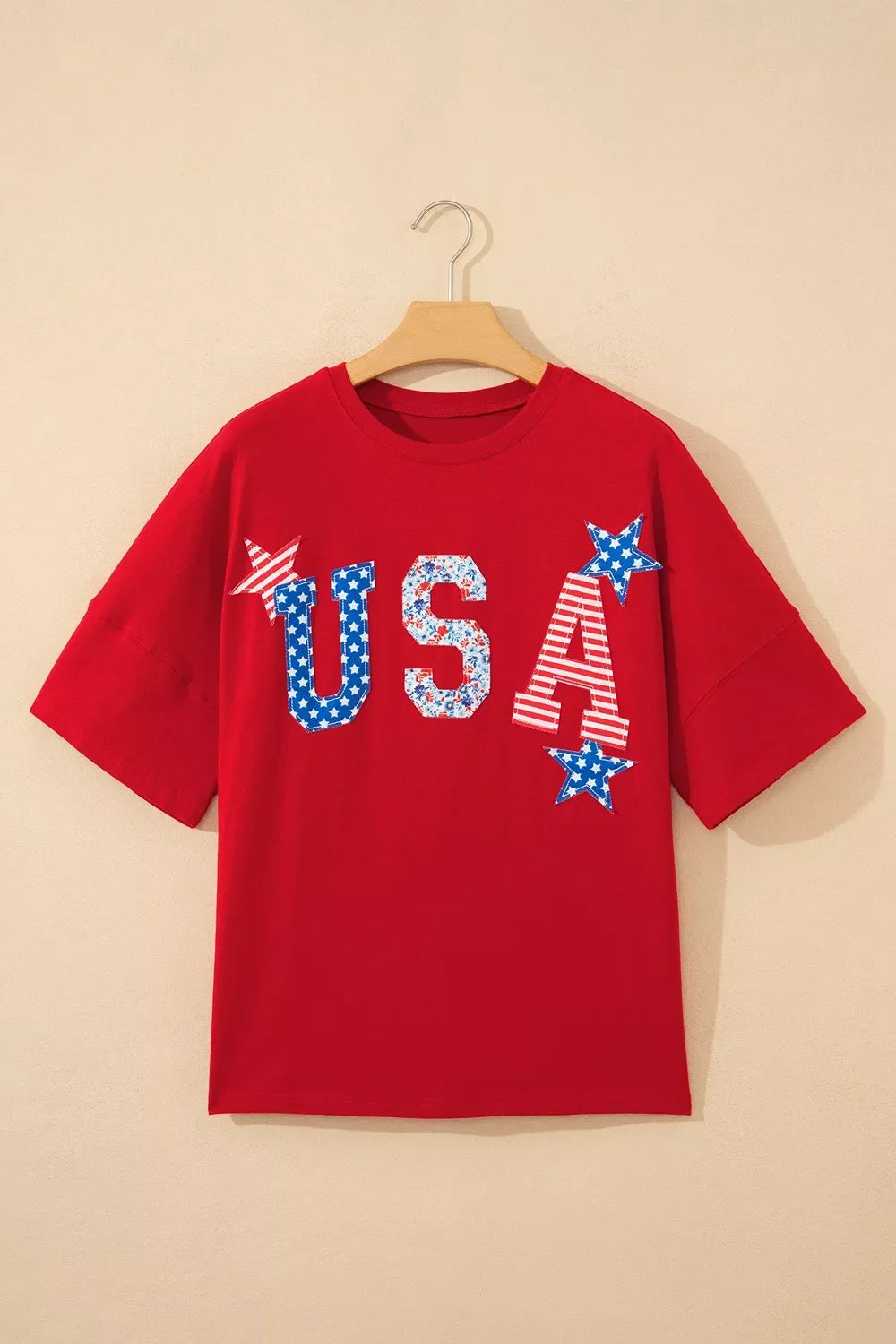Patriotic USA Slogan Patch Embroidery Short Sleeve T Shirt
