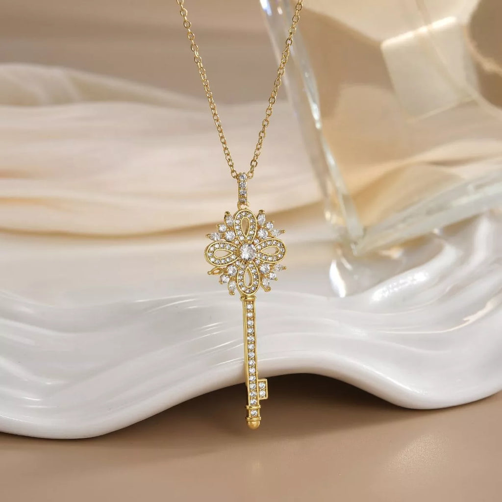18K Gold-Plated Zircon Key Pendant Necklace