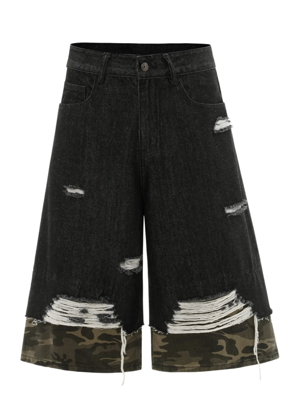 Men's Distressed Camo Trim Denim Bermuda Shorts