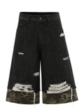 Men's Distressed Camo Trim Denim Bermuda Shorts