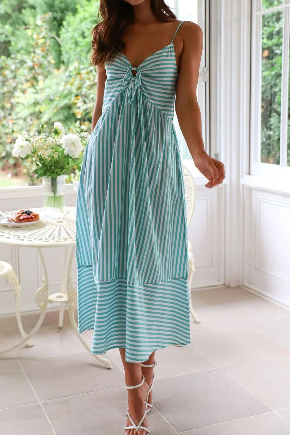 Smocked Back Striped Sleeveless Midi Dress
