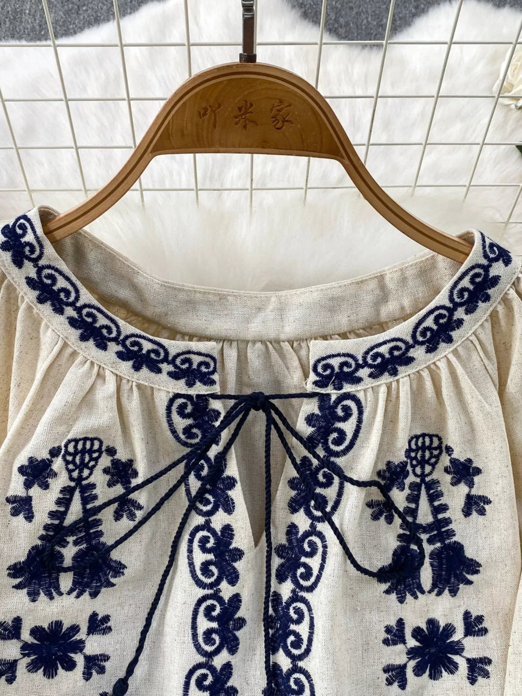 Embroidered Tie Neck Blouse