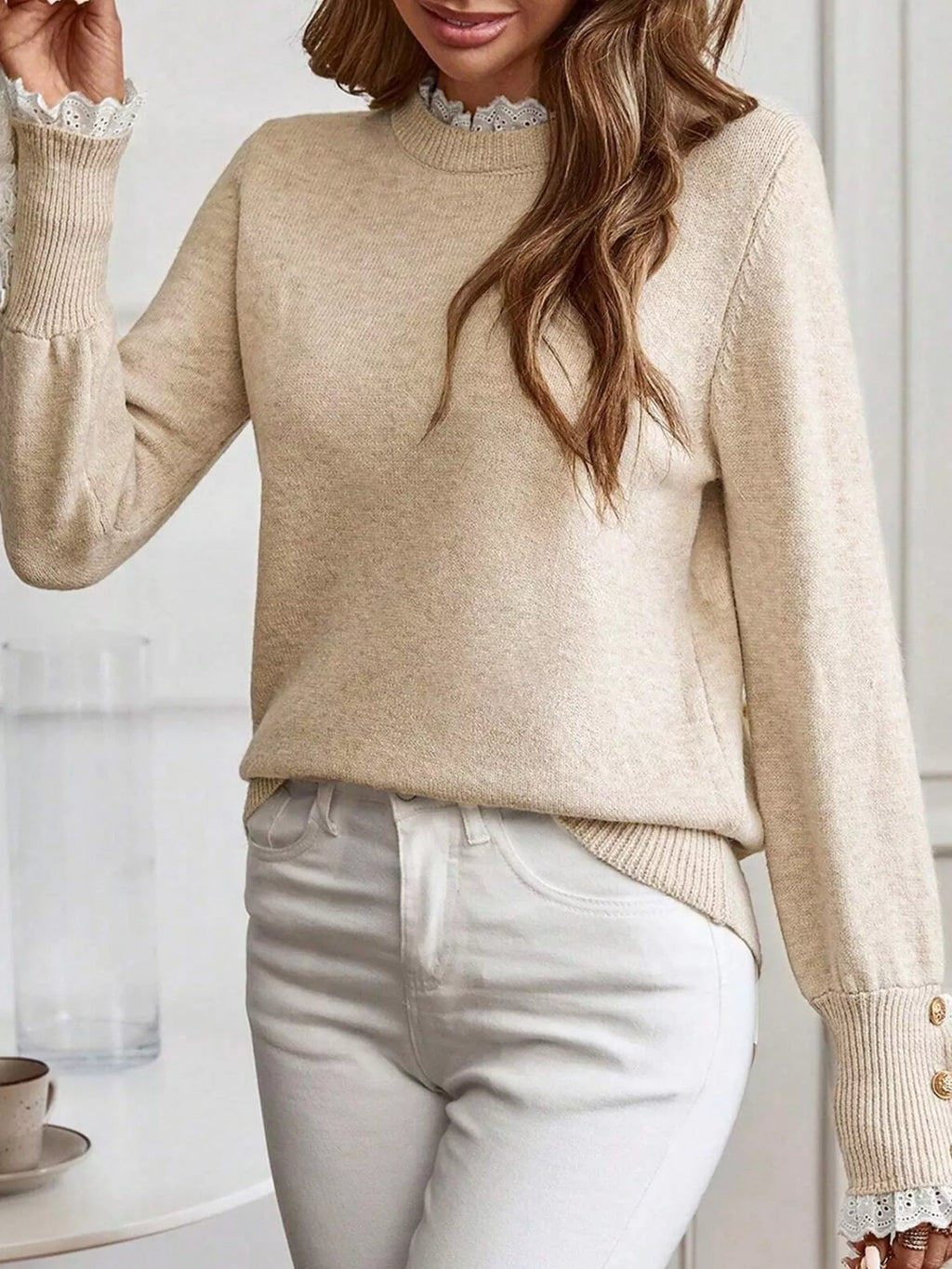 Lace Trim Button Cuff Long Sleeve Sweater