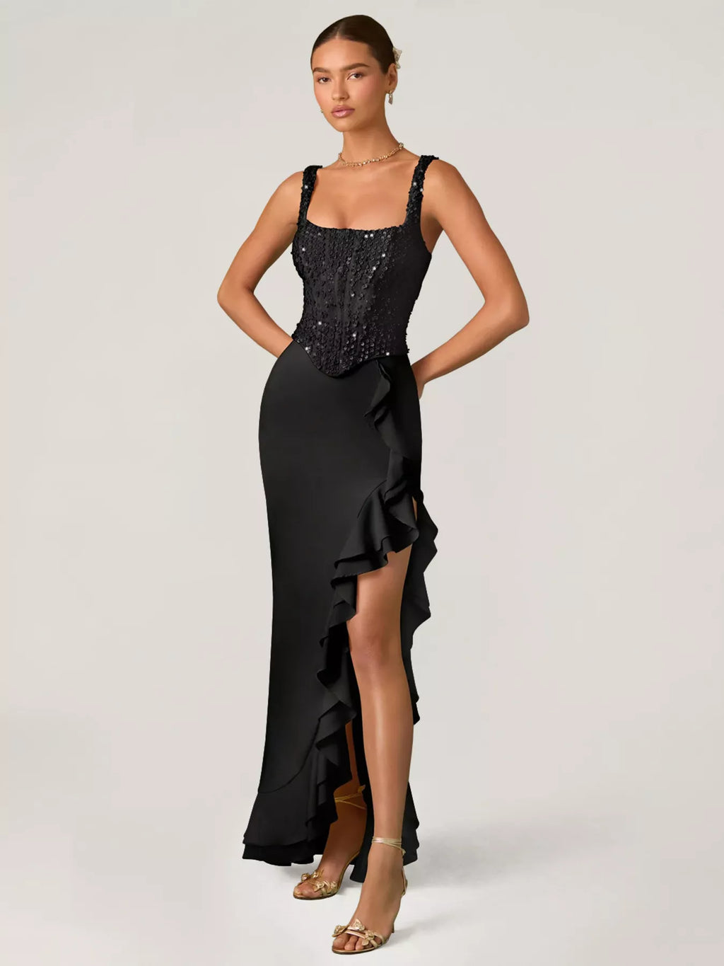 Sequin Ruffle Hem Maxi Dress