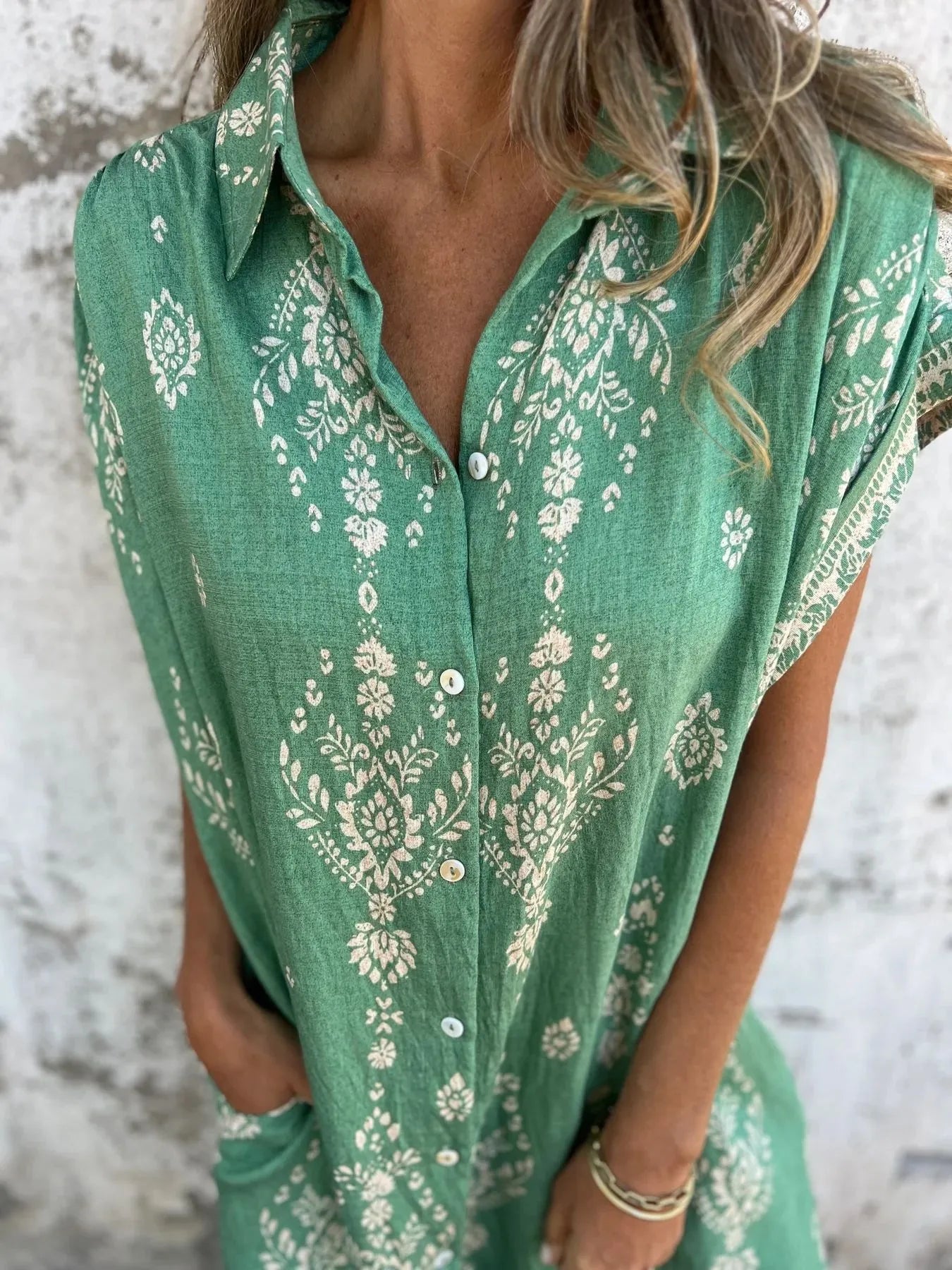 Full Size Printed Short Sleeve Button-Up Shirt Dress Plus Size