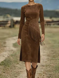 Suede Fringe Long Sleeve Midi Dress