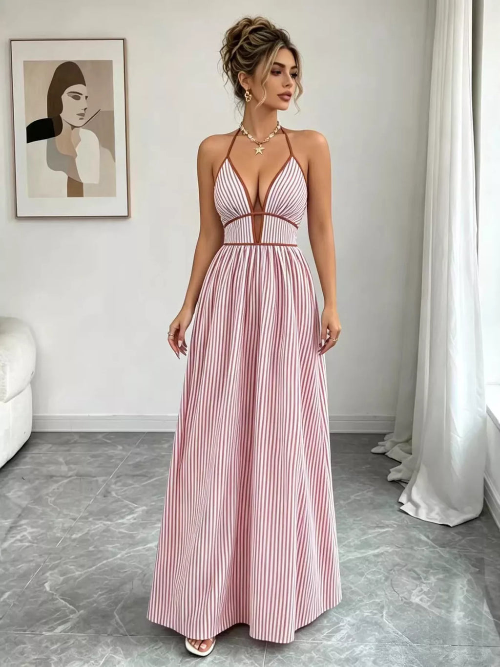 Striped Halter Neck Maxi Dress