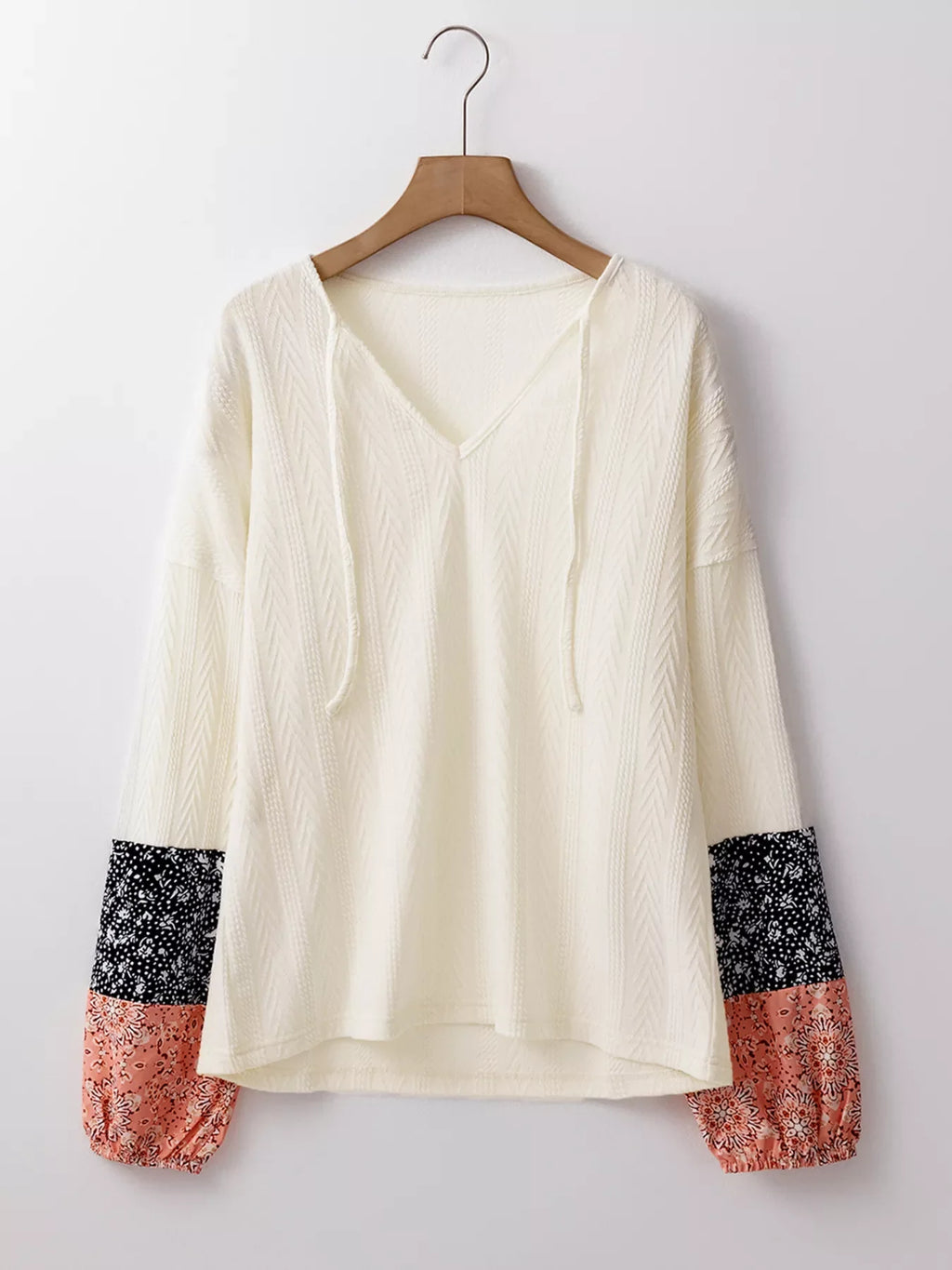 Floral Patchwork Textured Knit Drawstring V Neck Blouse