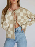 Checkered Tie-Front Cropped Cardigan