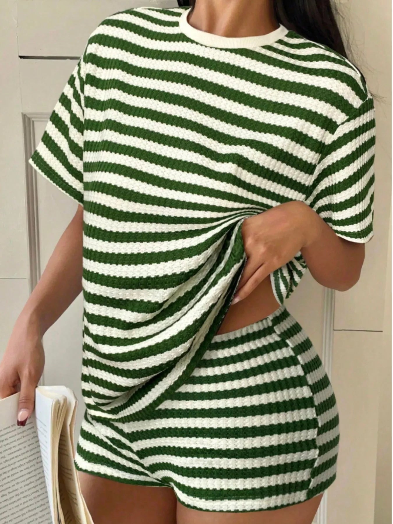 Striped Round Neck Top and Shorts Set