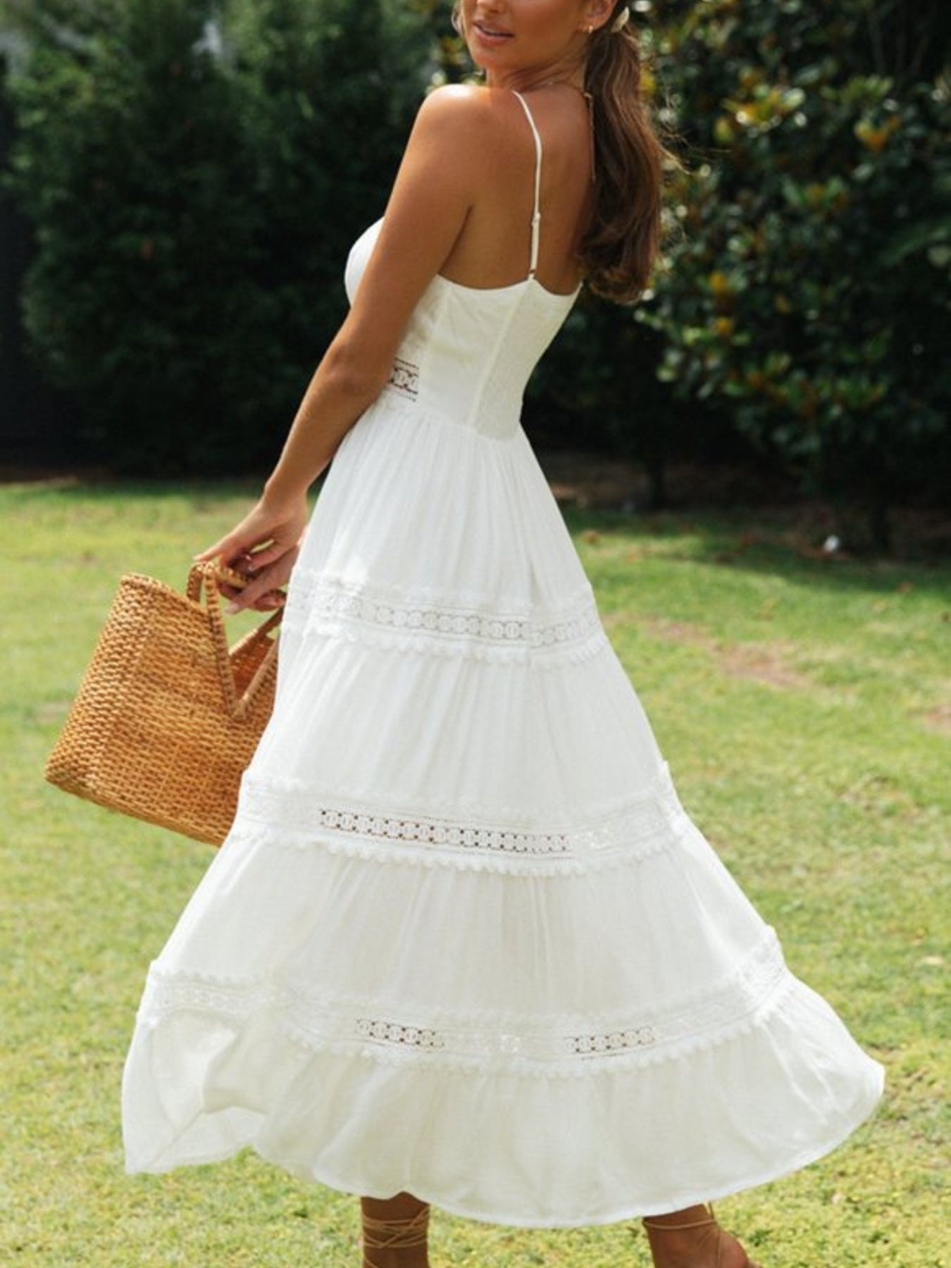 Lace Trimmed Tiered Midi Cami Dress