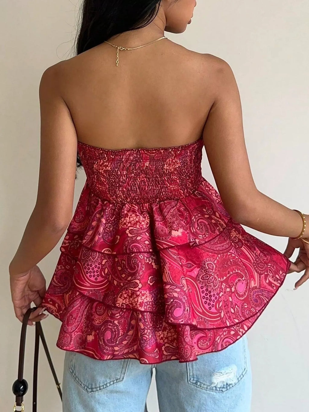 Smocked Layered Paisley Print Tube Top