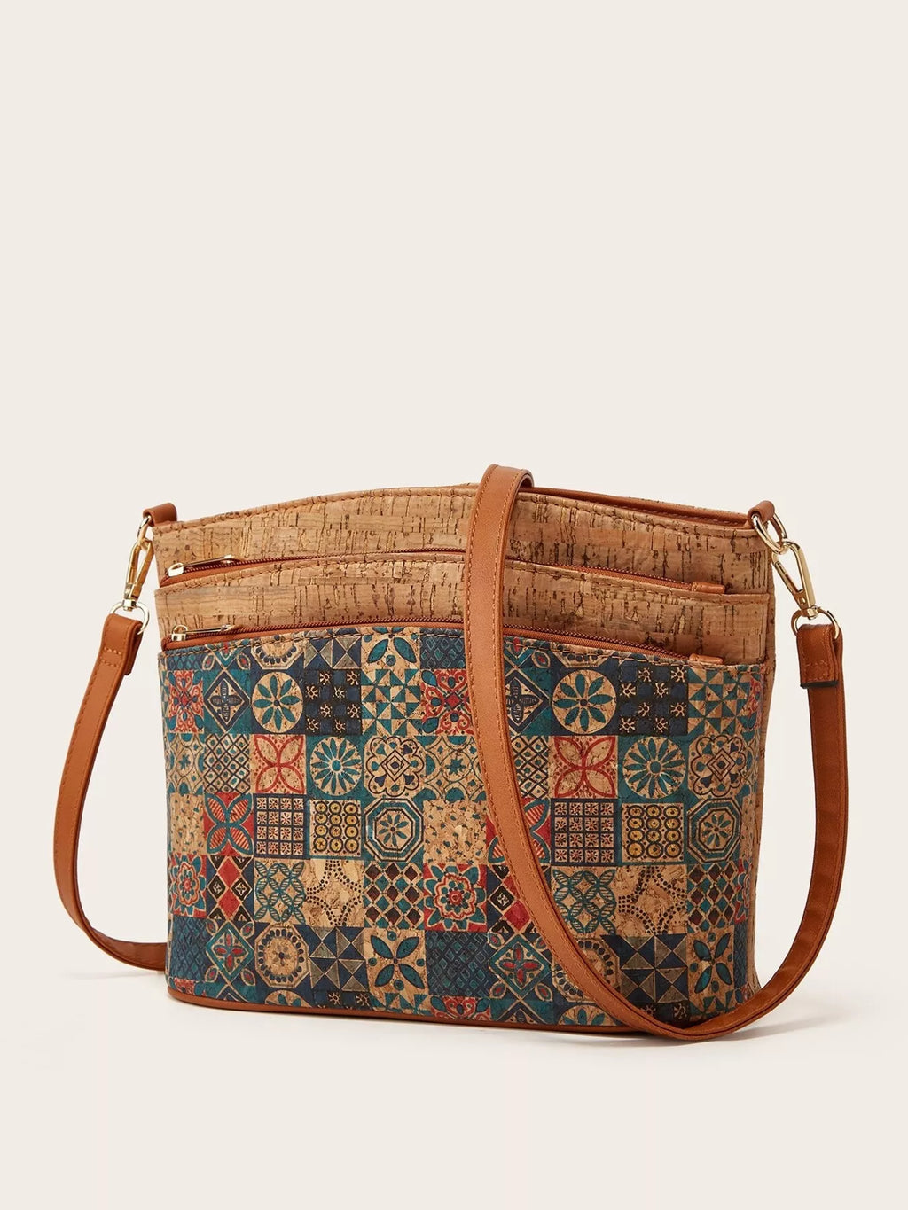 Ethnic Tree Bark Pattern Multi-Pocket Crossbody Bag