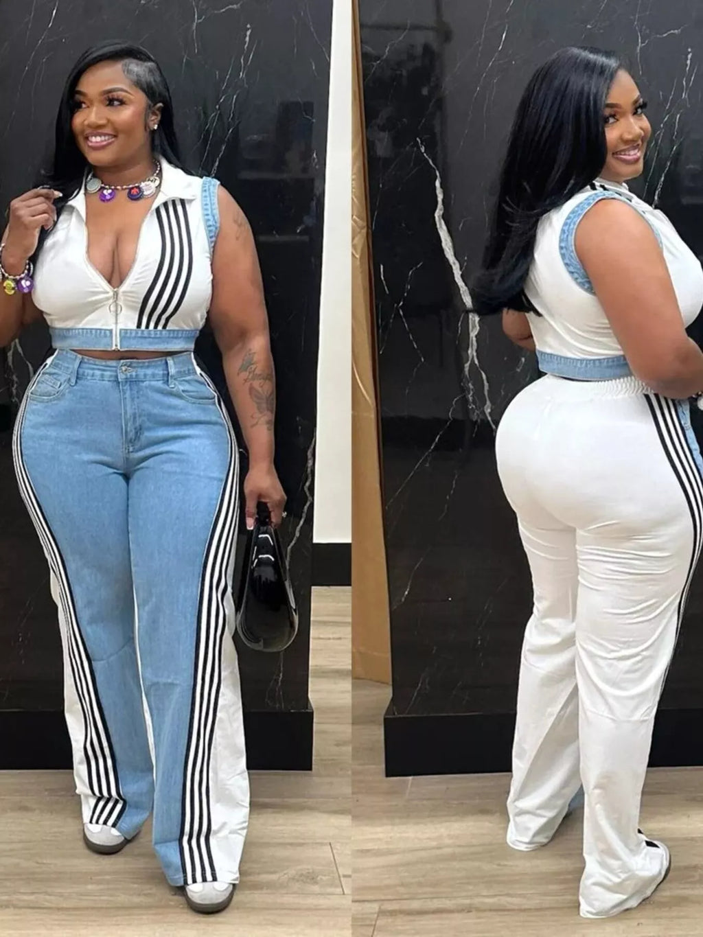 Zip Front Crop Top and Striped Pants Set