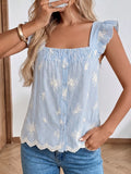 Striped Embroidered Ruffle Sleeve Blouse