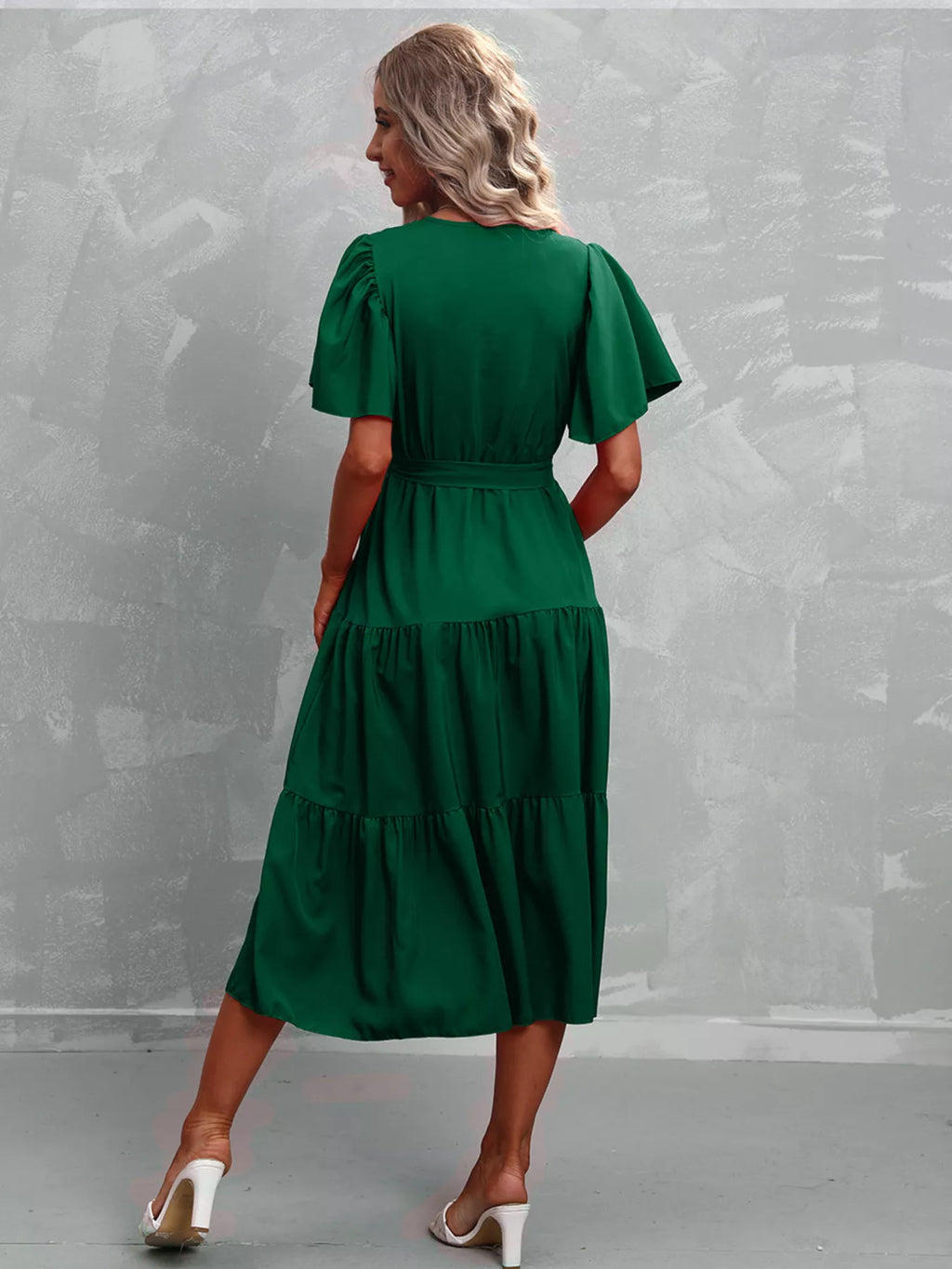 Flutter Sleeve Tiered Midi Dress