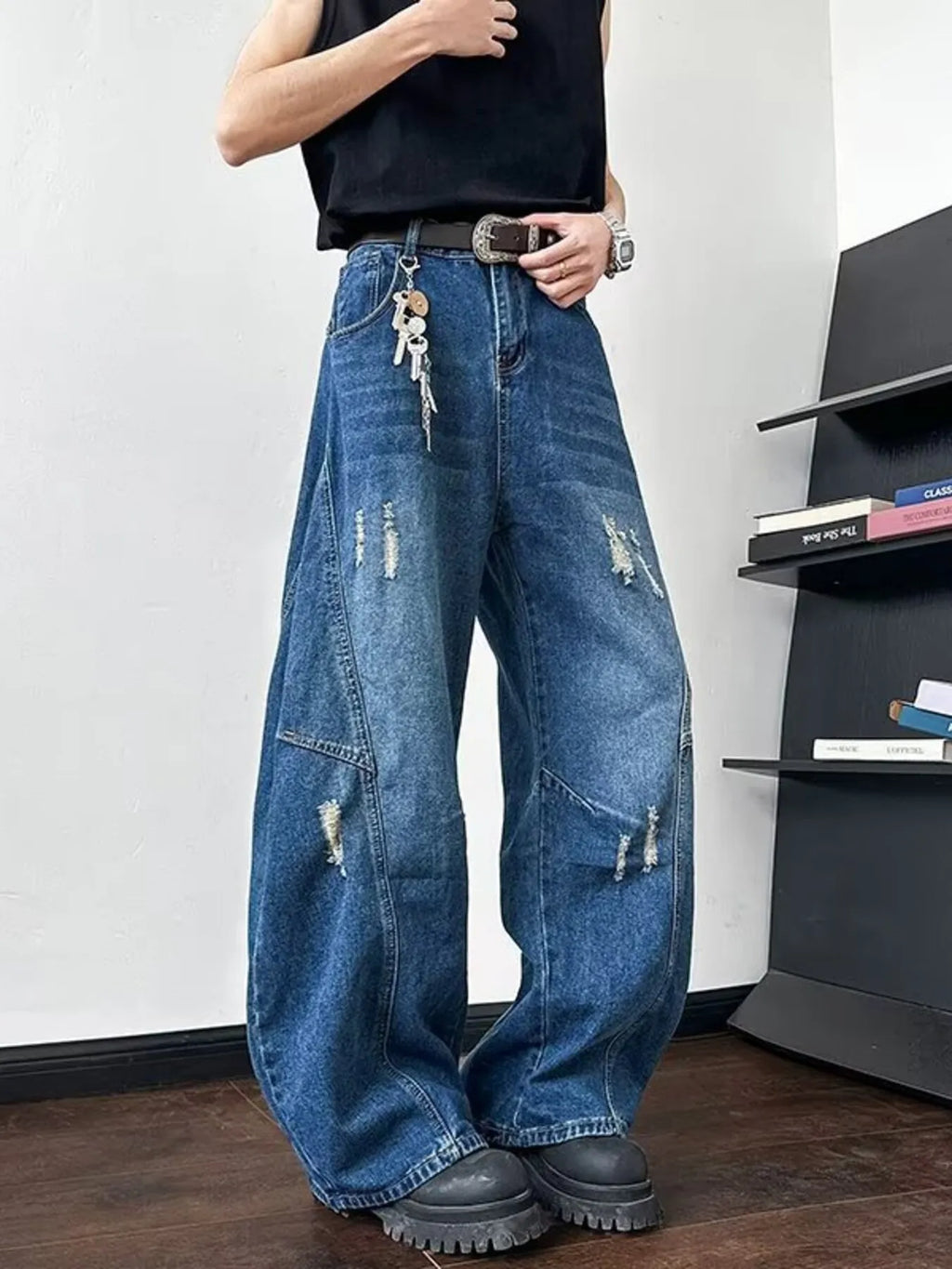 Men's Full Size Distressed Wide Leg Jeans Plus Size