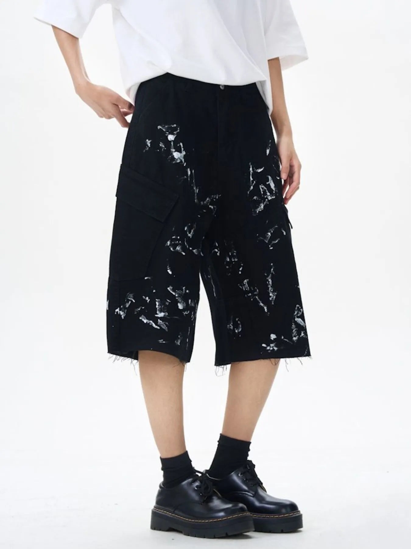 Men's Paint Splattered Cargo Bermuda Shorts with Distressed Edge Detail