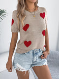 Heart Pattern Round Neck Short Sleeve Sweater