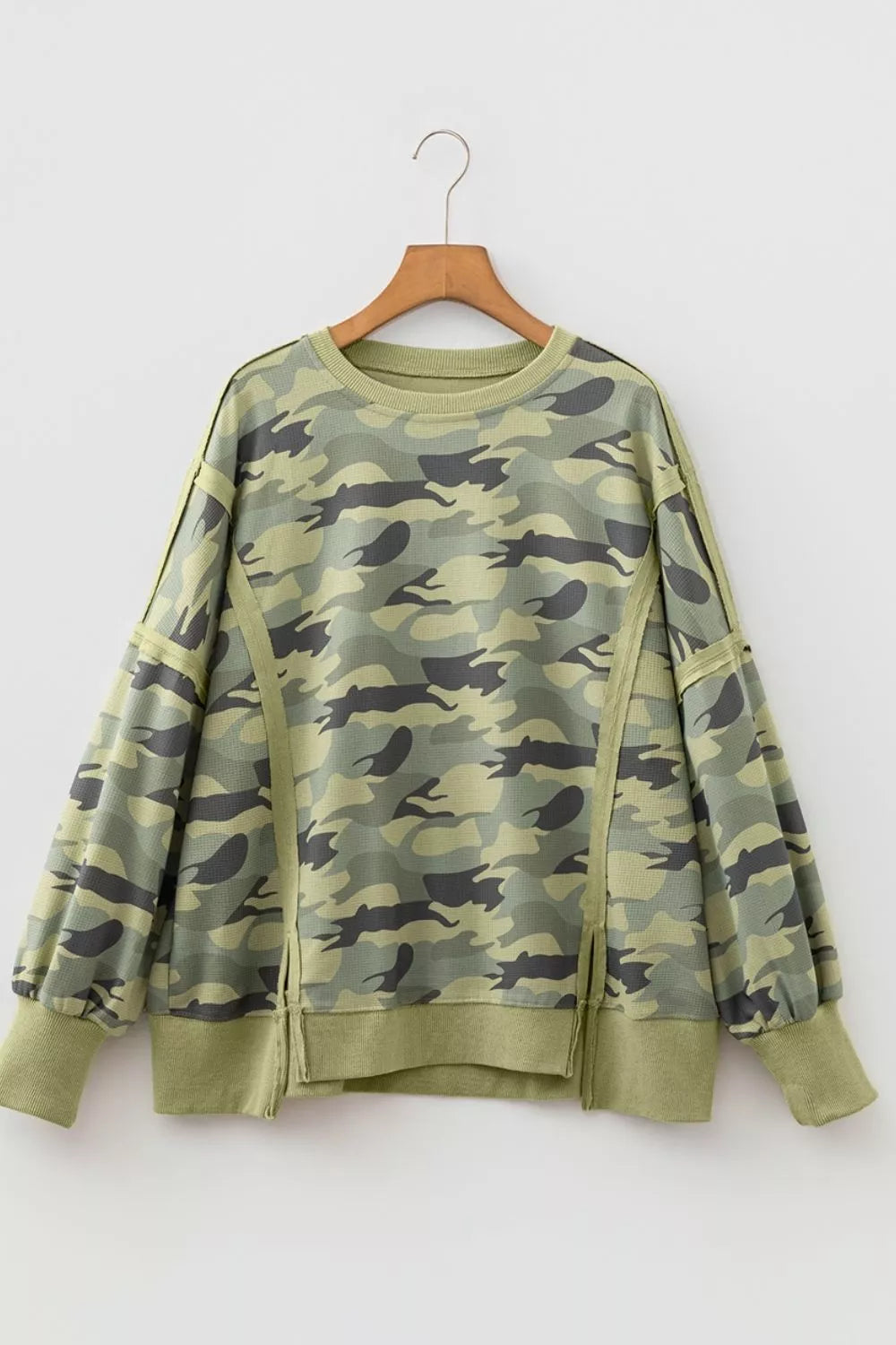 Camouflage Waffle Knit Raw Edge Contrast Trim Oversized Long Sleeve Top